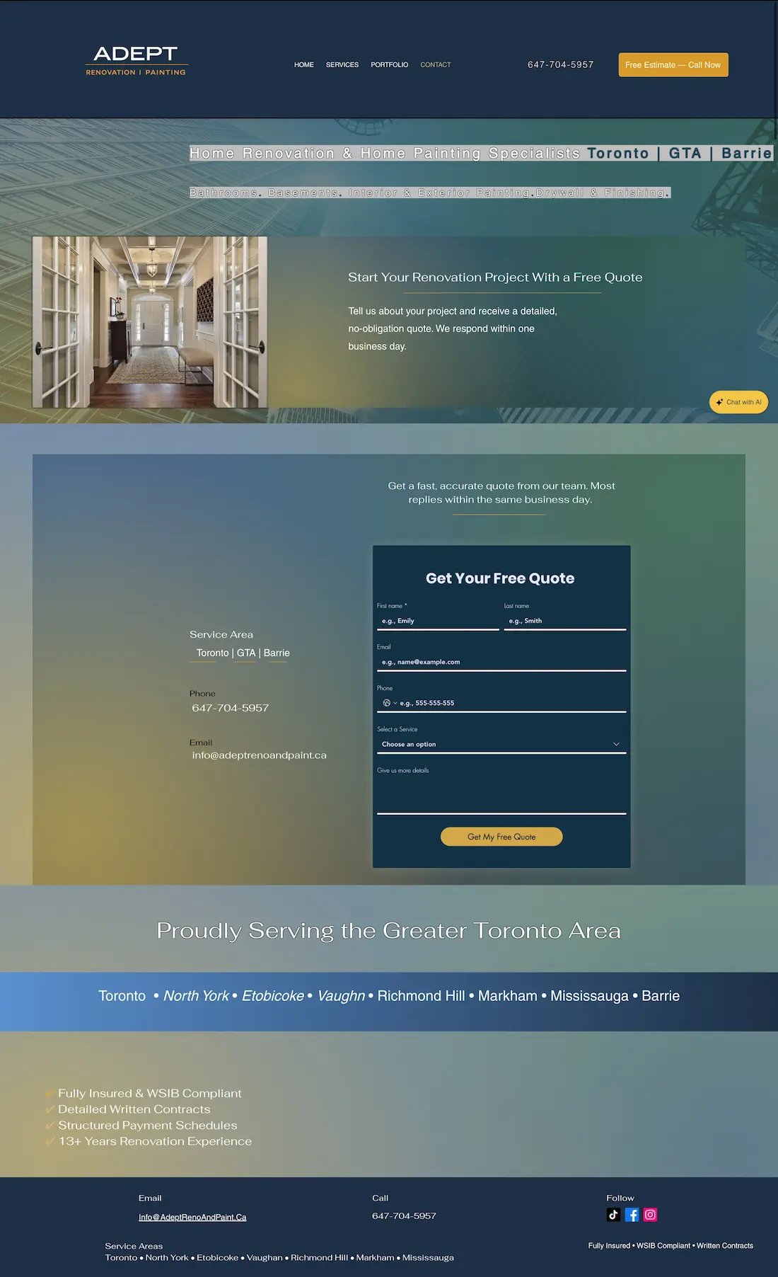 Adept Renovation and Painting Inc. - old contact page