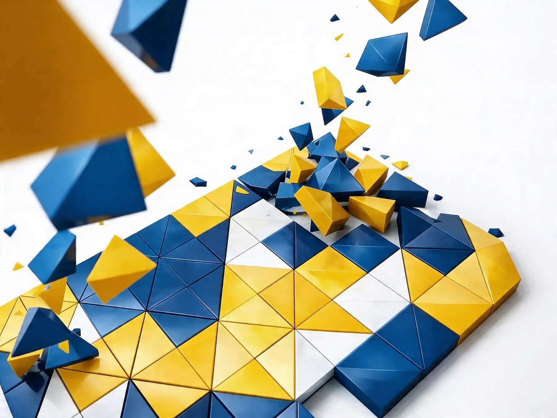 Northline Systems website background - gold + navy 3D geometric/crystal shapes