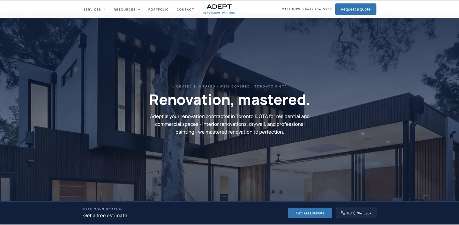 Adept Renovation and Painting Inc. - new website hero