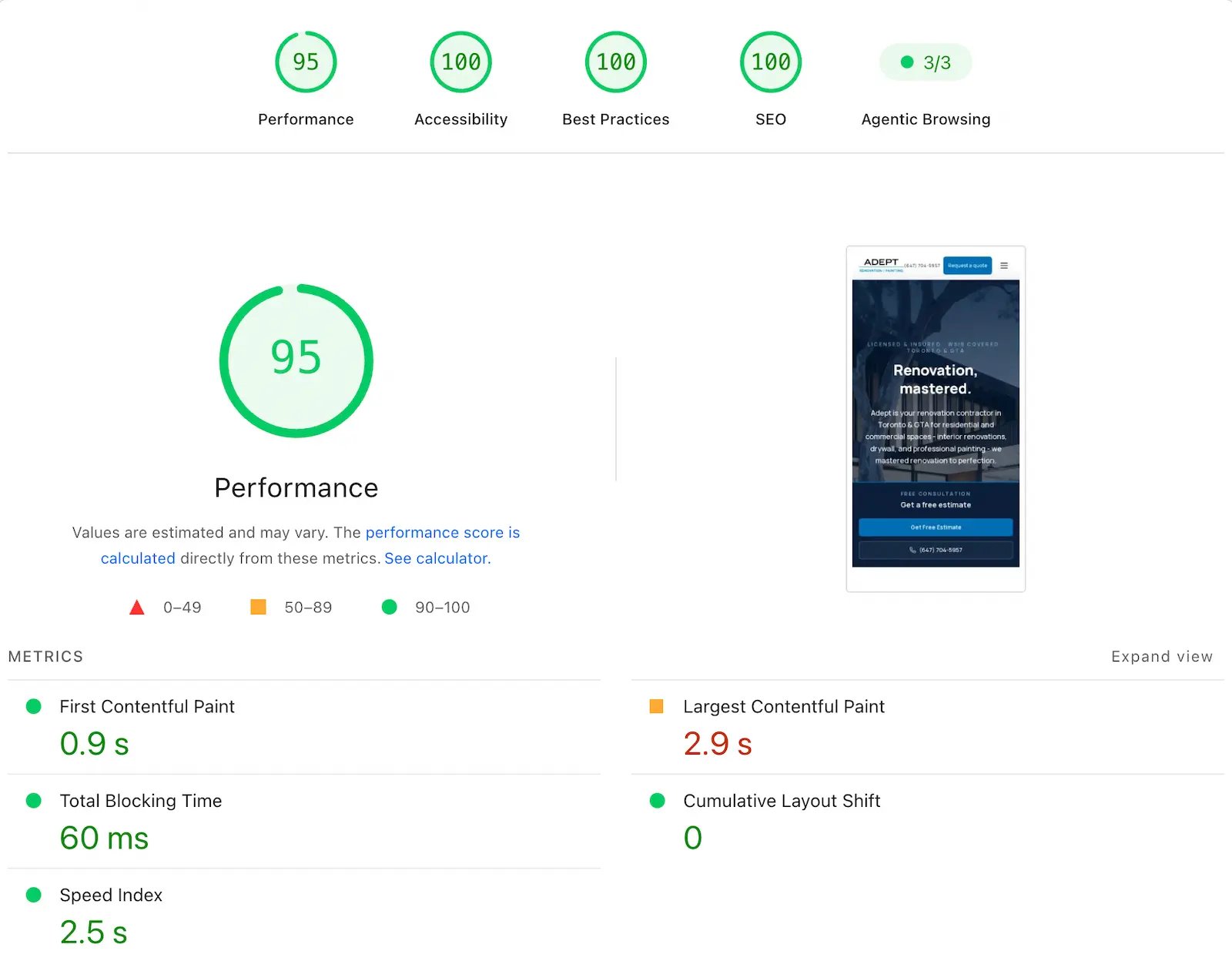 Lighthouse audit report - new Adept site scoring 95 performance, 100 accessibility, 100 best practices, 100 SEO