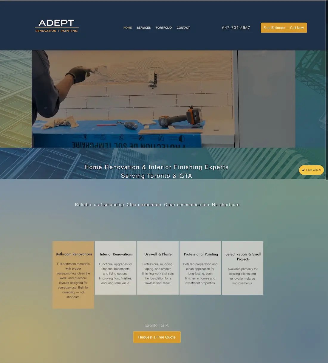 Adept Renovation and Painting Inc. - old website hero