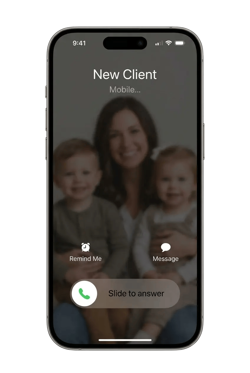 Smartphone showing an incoming call from a new client, representing a referral generated through AI search.