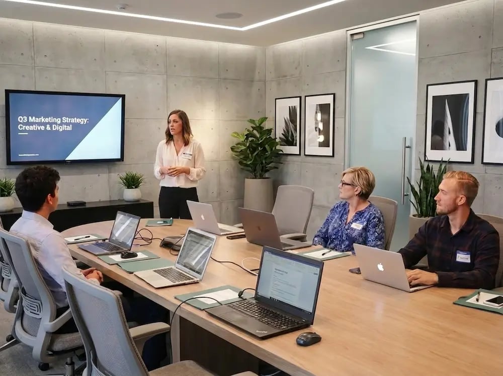 Professional team in a conference room reviewing a marketing strategy presentation.