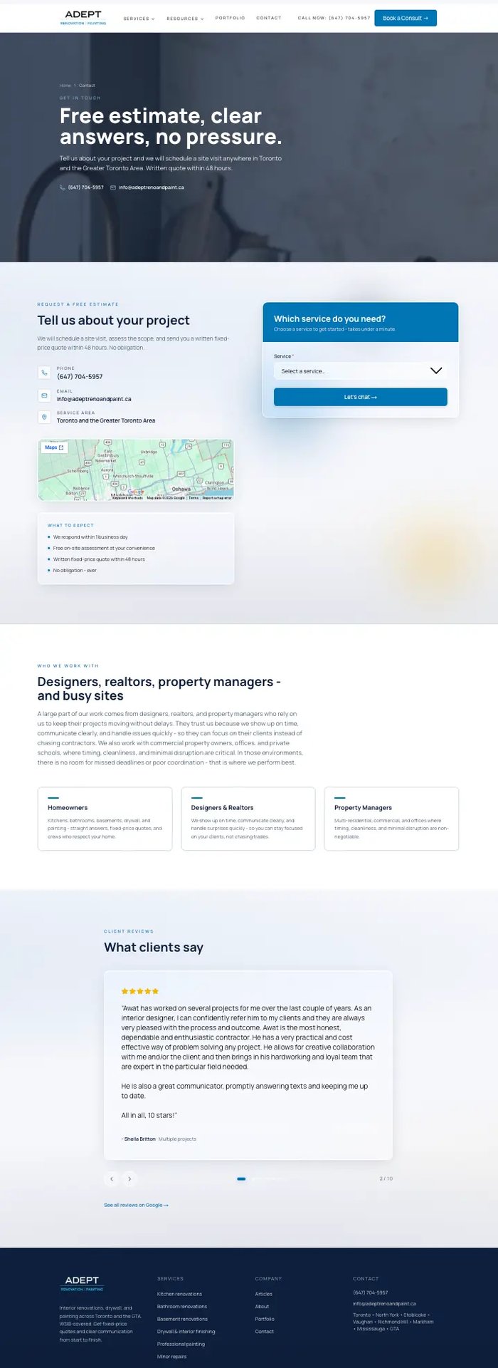 Adept new contact page - step 1: service selector