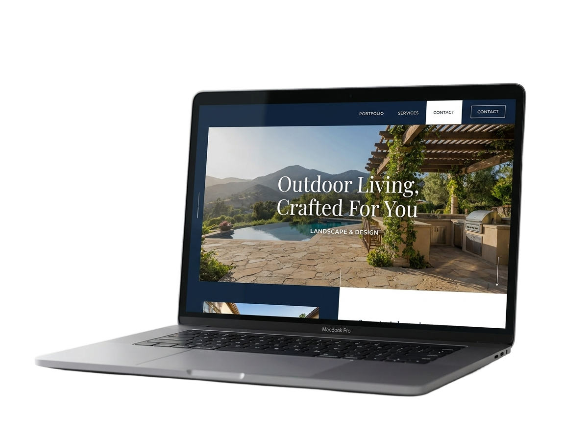 Premium outdoor living website displayed on a MacBook laptop