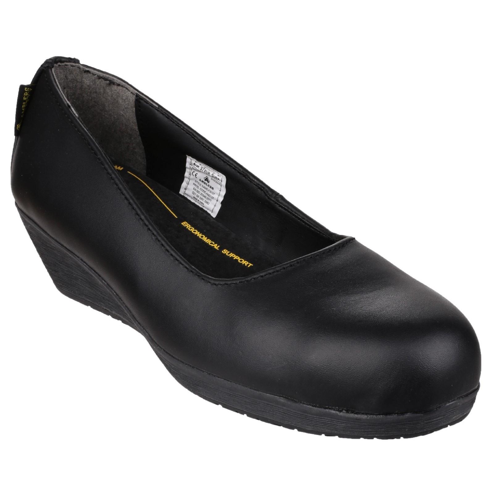 Amblers Safety FS107 Antibacterial Memory Foam Slip on Wedged Safety Court Shoe - Black in Black