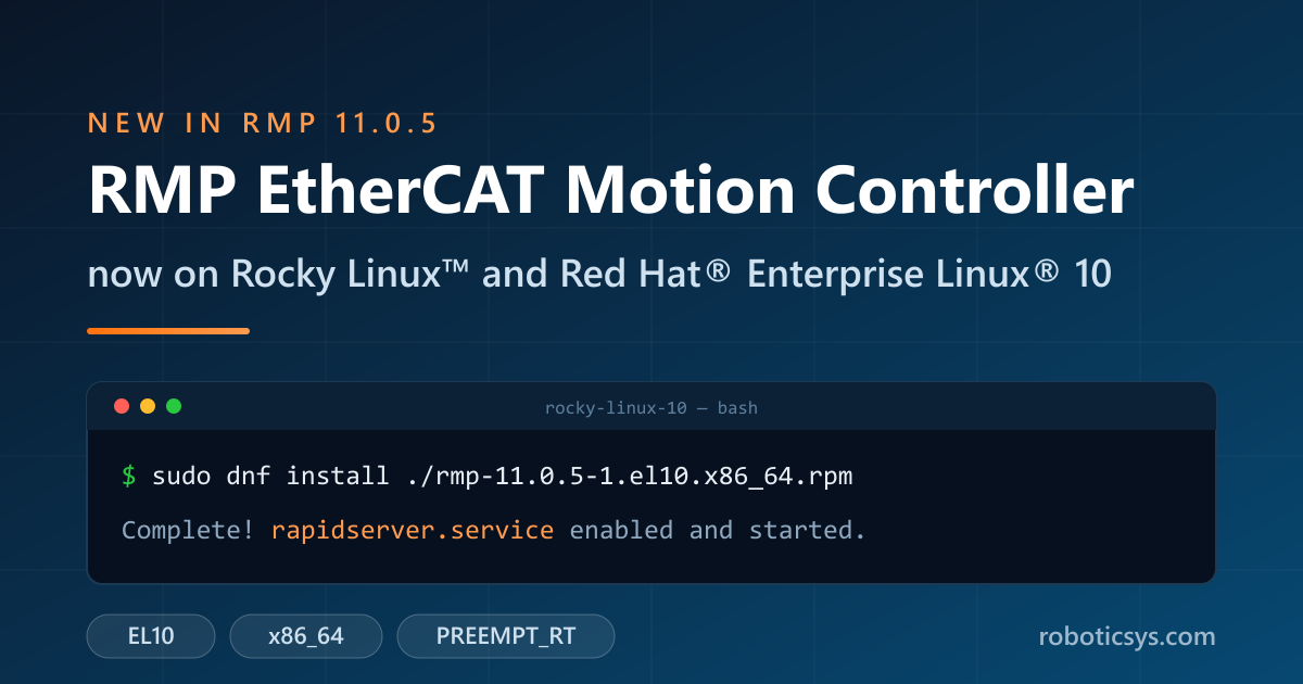 Terminal on Rocky Linux 10 installing the RMP EtherCAT motion controller EL10 RPM package with dnf
