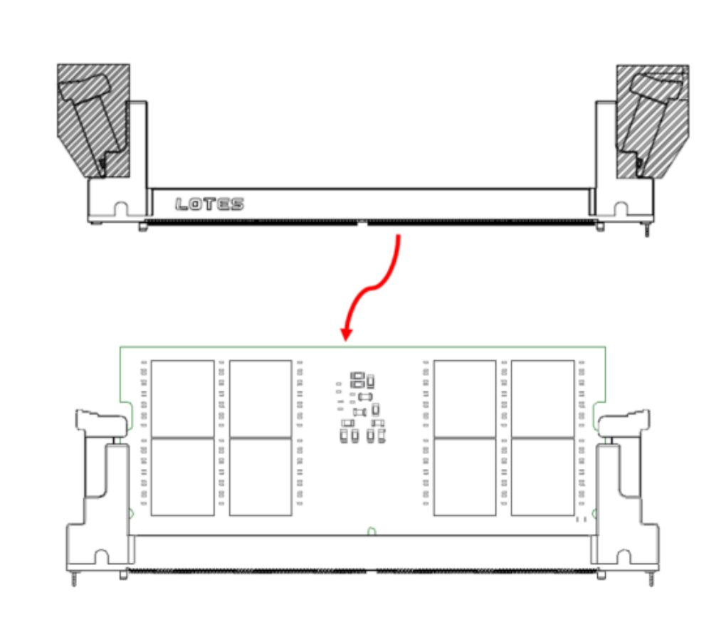 Alternate 90-degree memory socket footprint drawings for items 27 and 28.