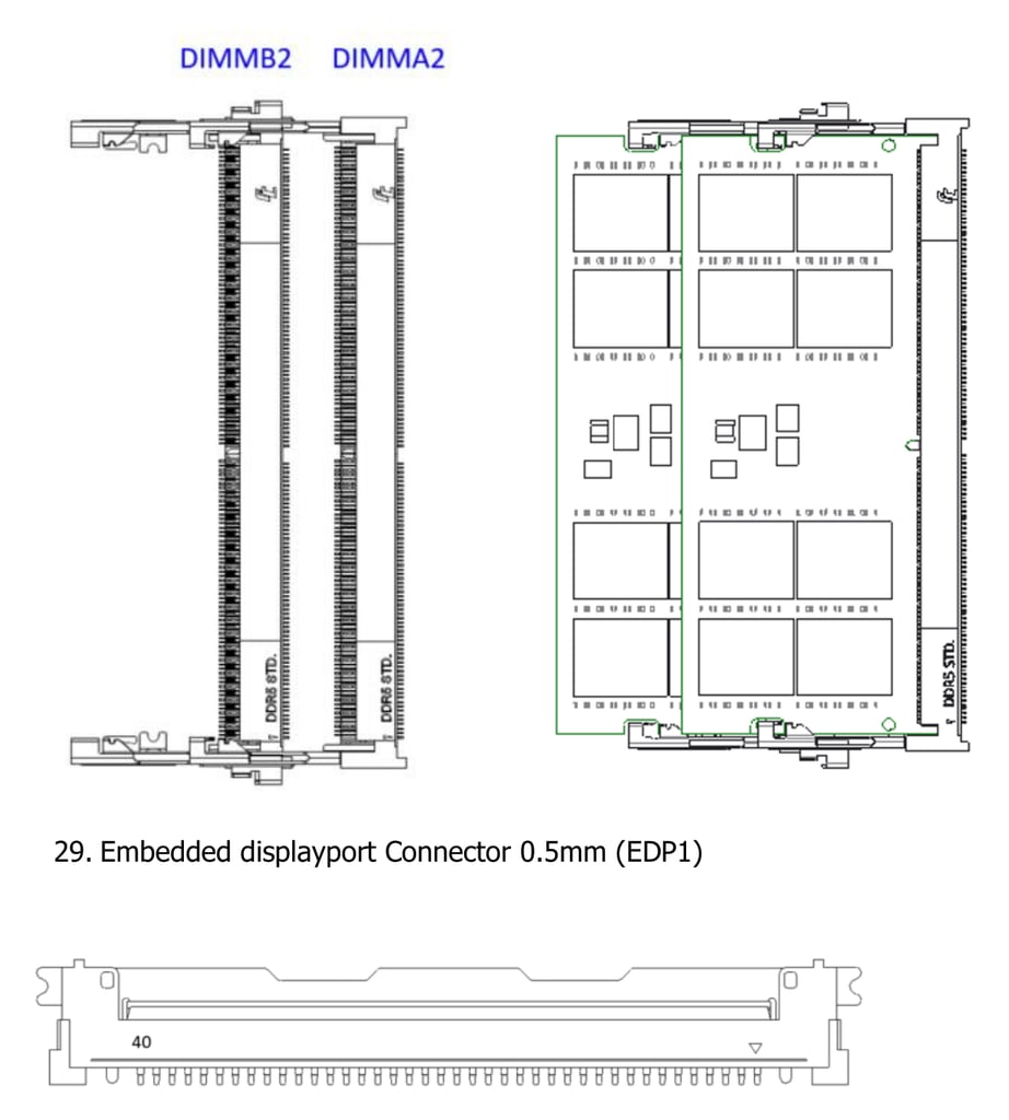 Embedded DisplayPort connector and board-side drawings, EDP1.