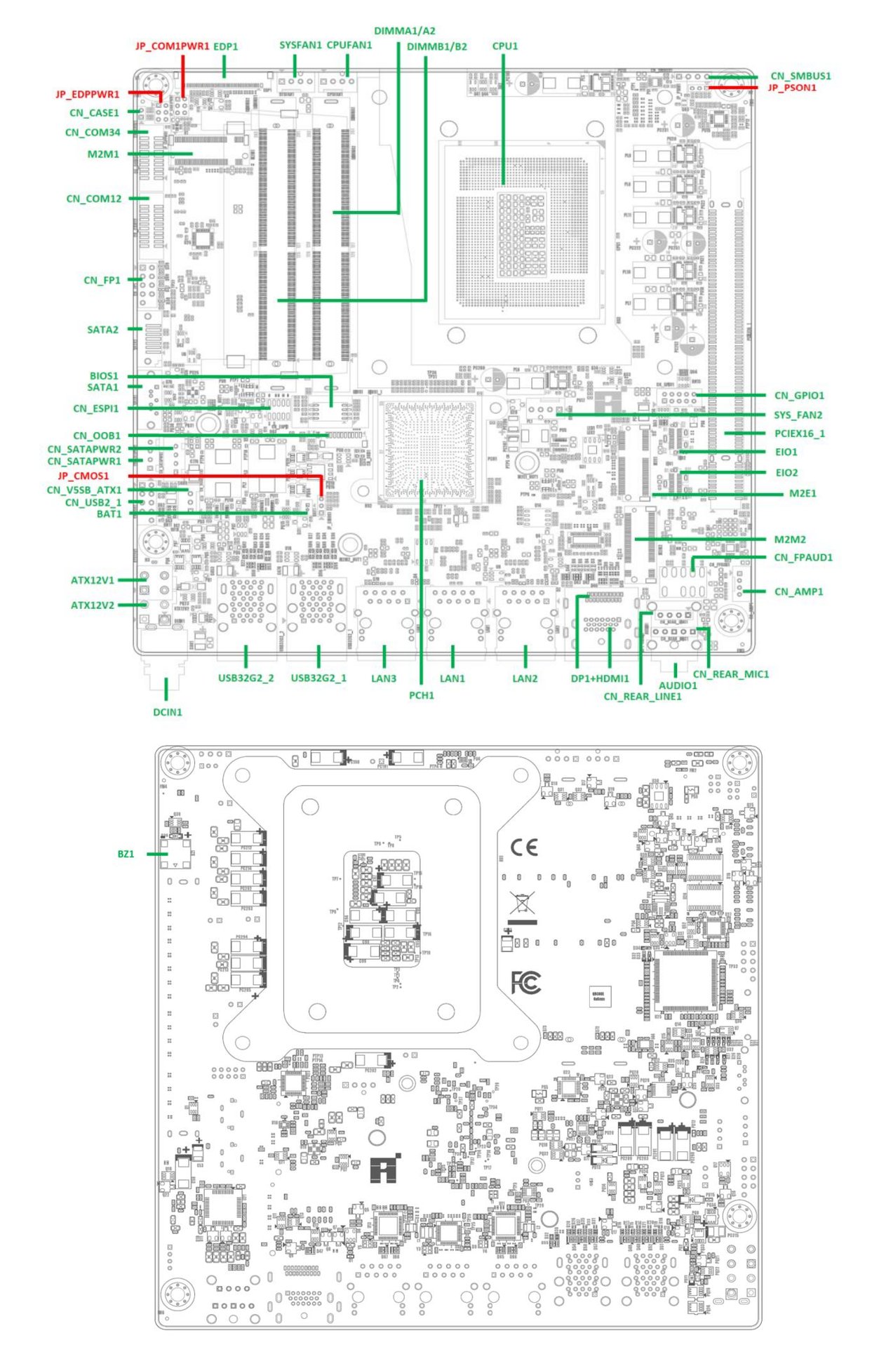 Component-side and solder-side iPC400-MB board layout with the original green connector labels and red jumper labels.