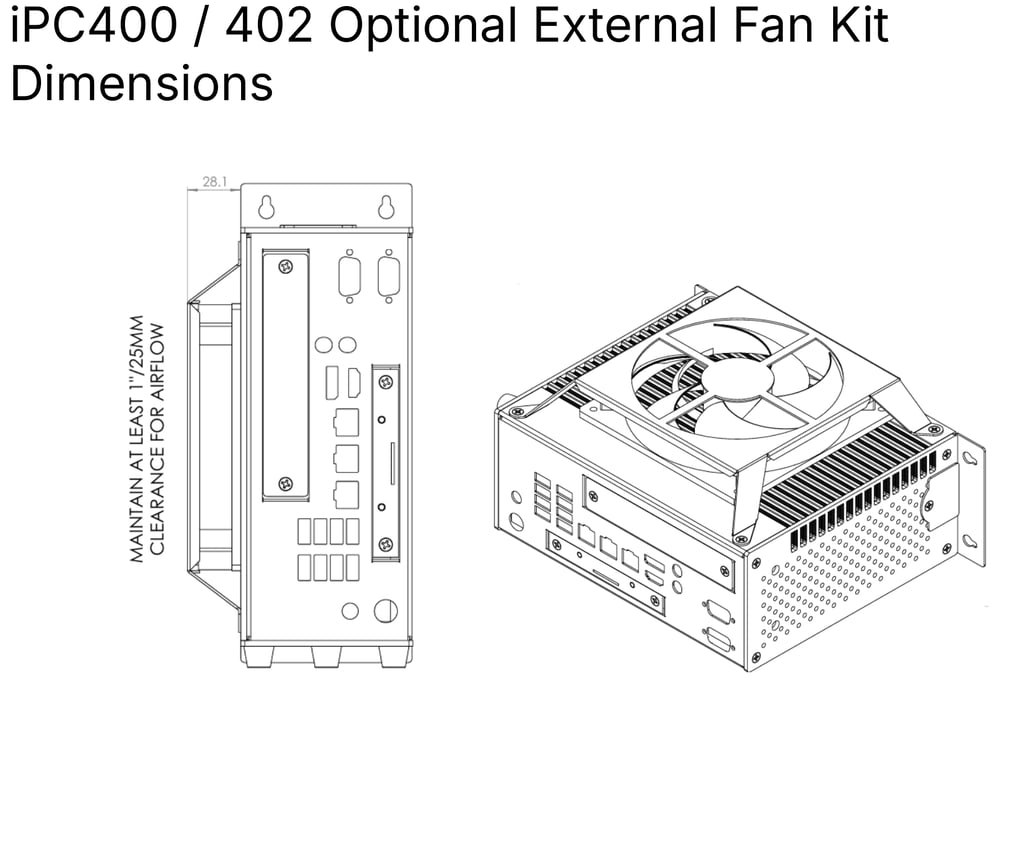 Optional iPC400 and iPC402 external fan kit dimensions and required airflow clearance