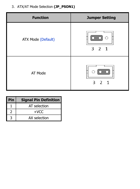 ATX and AT power mode jumper positions for iPC400-MB