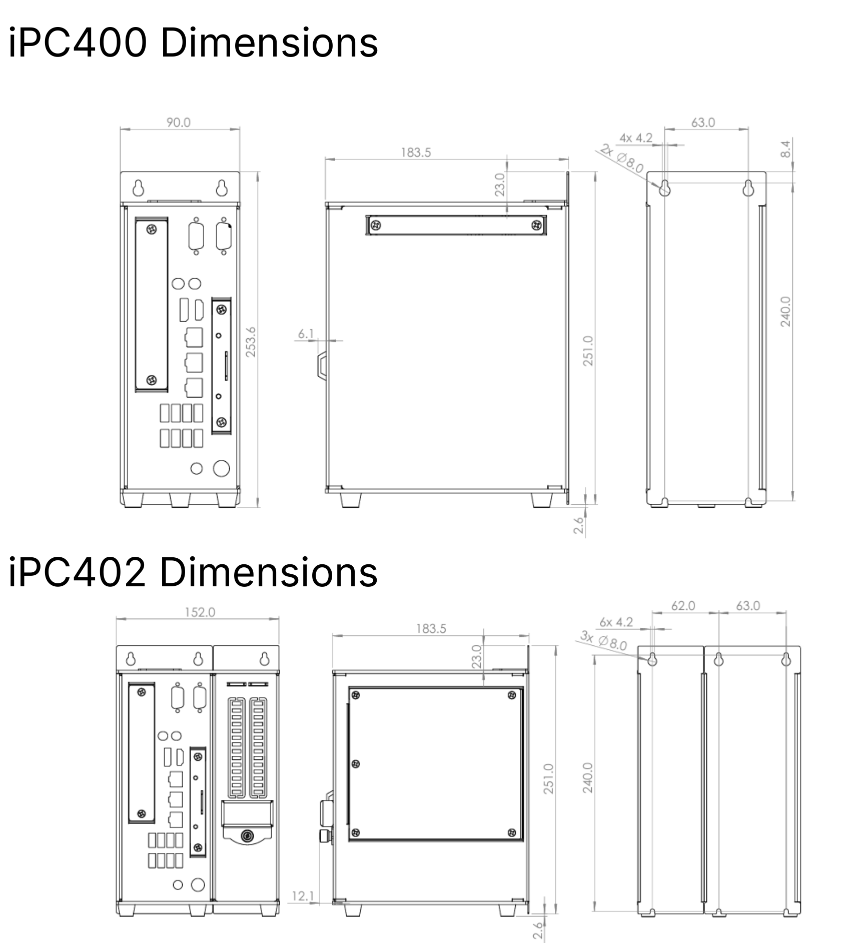 Dimension drawings for the iPC400 and iPC402 chassis