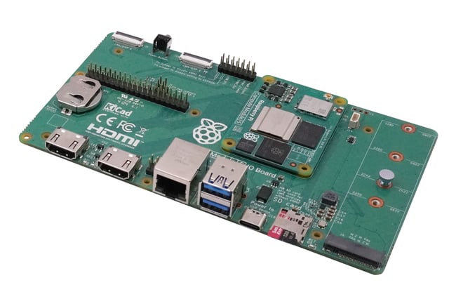 Raspberry Pi hardware with a Compute Module 5 mounted on an IO board