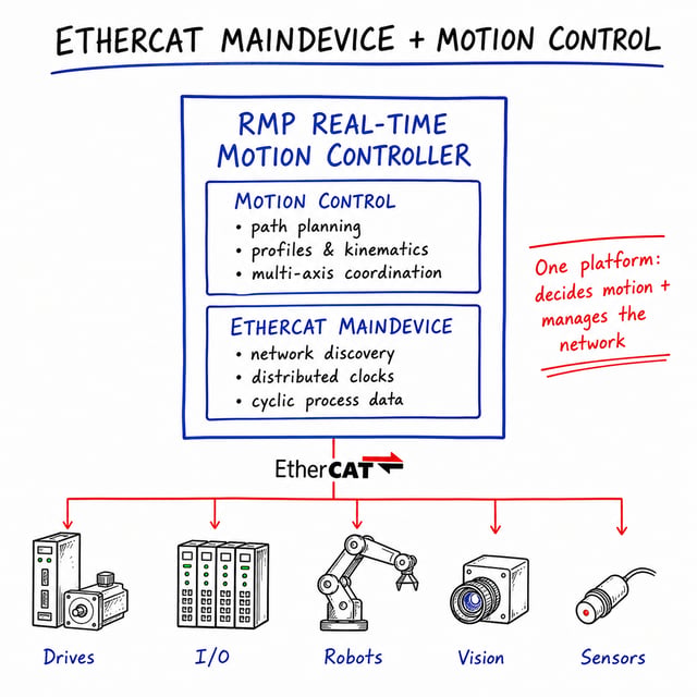 Diagram showing EtherCAT MainDevice and motion control combined in the RMP real-time motion controller for drives, I/O, robots, vision, and sensors
