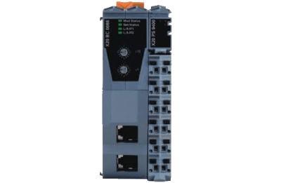 Compact industrial I/O module with status LEDs, Ethernet ports, and wiring terminals for machine control
