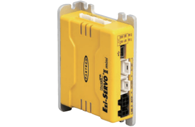 Yellow EtherCAT stepper drive module with mounting brackets and side ports for closed-loop motor control