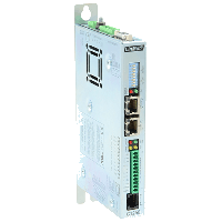 Tall white industrial servo drive with connector ports and status LEDs on a black background