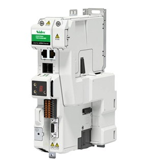 White modular servo drive with front connectors and warning labels for industrial motion control