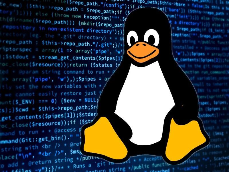 Linux Tux mascot over a code background, representing Linux-based motion-control software