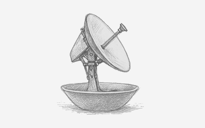 Sketch of a tracking satellite dish on a pedestal, showing antenna positioning for signal tracking