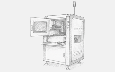Line drawing of an automated optical inspection machine with an open access door and internal inspection chamber