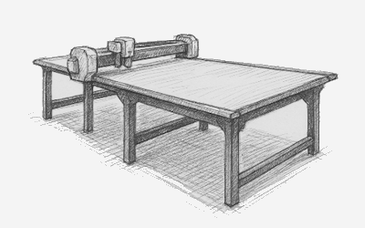 Sketch of an automatic cutting machine with a gantry head over a large worktable for sheet cutting