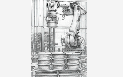 Robotic arm stacks cable reels on pallets in a warehouse palletizing cell