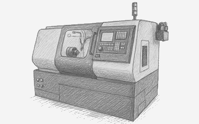 Illustration of a CNC machine with an enclosed work area and control panel for automated machining