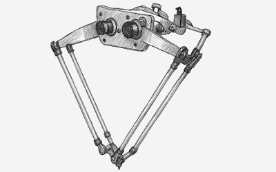 Delta robot with three linked arms and a central tool head for high-speed pick-and-place