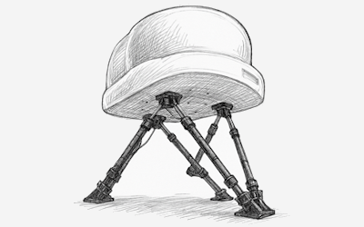 Sketch of a domed simulator platform on articulated legs for motion-based flight training
