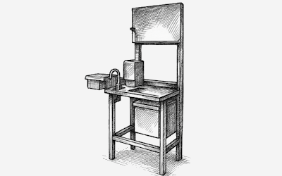 Line drawing of a food-processing band saw with a cutting table for slicing meat or other products