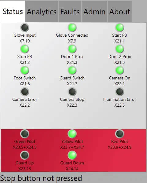 Control screen with green and gray indicator lights for inputs, doors, camera, and guard status
