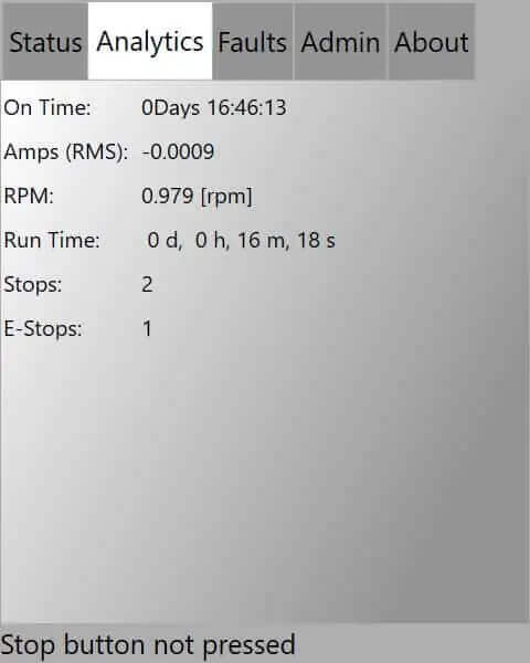 Industrial control screen showing status, analytics, faults, admin, and about tabs with runtime and stop counts