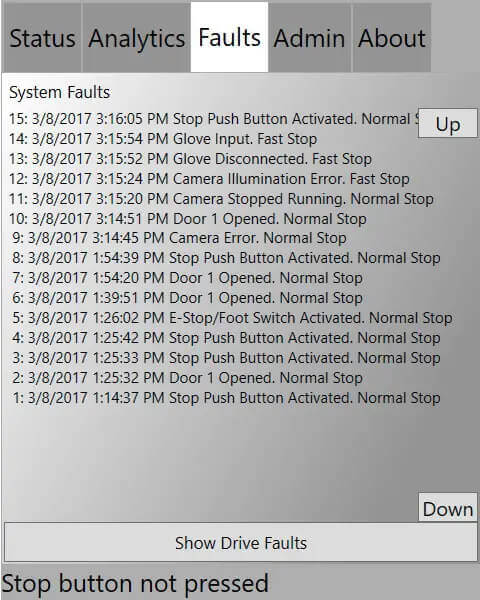 Screenshot of a faults screen listing system fault events with Up, Down, and Show Drive Faults controls