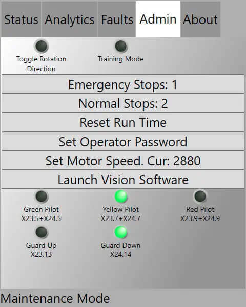Screenshot of a machine HMI admin screen with stop counts, speed settings, and pilot lights for maintenance control