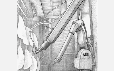 Industrial robot arm sprays paint onto hanging panels beside an ABB robot base