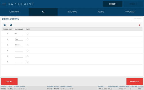 Screenshot of RapidPaint IO digital outputs screen with Air, Paint, and Solvent outputs listed
