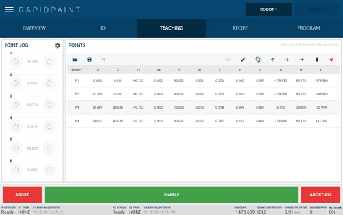 Screenshot of RapidPaint Teaching tab with joint jog controls and a table of taught robot points