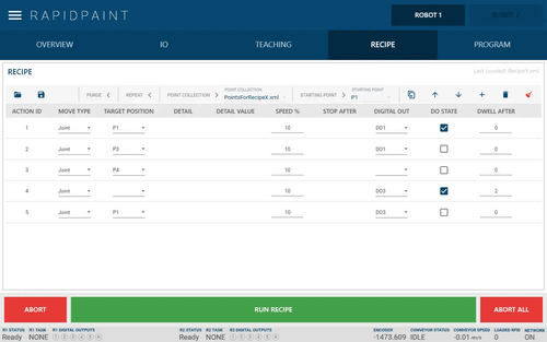 Screenshot of RapidPaint recipe tab showing a robot motion sequence table with action steps and outputs