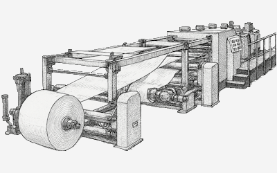 Industrial printer line feeding a large paper roll through rollers for continuous processing