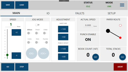 Screenshot of a printer processing control panel showing speed, jog mode, punch enable, paper route, and stack counts