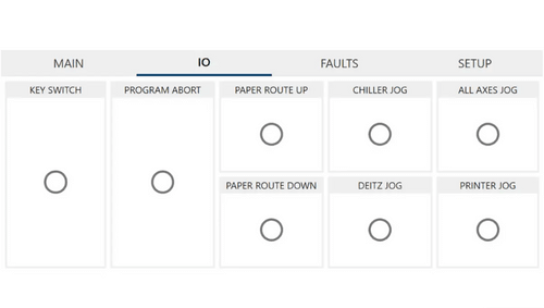 Screenshot of a control panel with MAIN, IO, FAULTS, and SETUP sections and circular status buttons