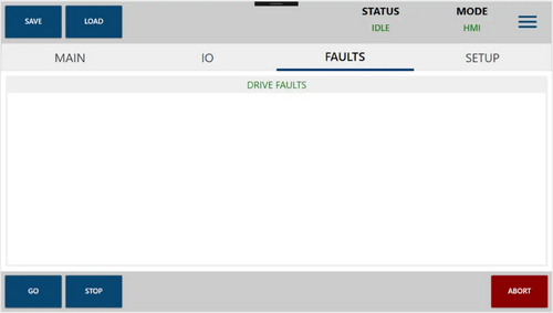 Screenshot of an HMI showing a Drive Faults screen with status idle and controls for save, load, go, stop, and abort