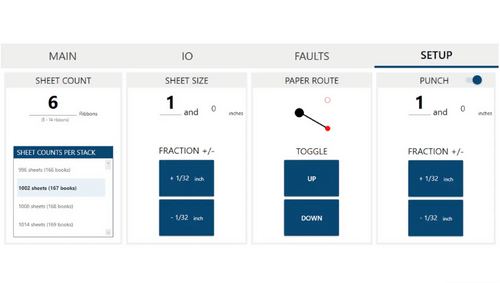 Screenshot of a printer control interface showing sheet count, sheet size, paper route, and punch settings