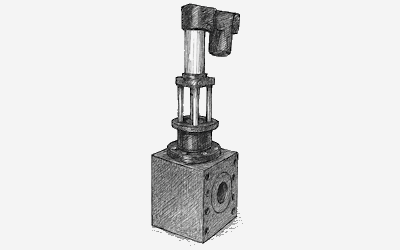 Pencil sketch of a proportional control valve assembly with a block body and vertical actuator