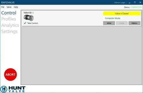 Screenshot of RapidValve control screen showing a valve closed with open, close, and prefill buttons