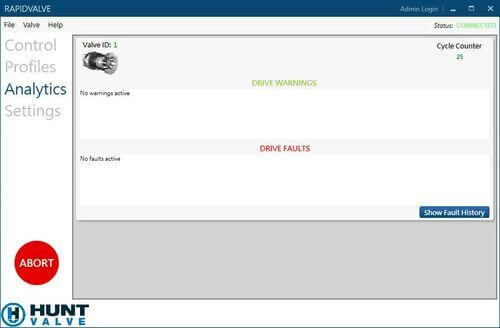 Screenshot of RapidValve monitoring valve ID 1 with no warnings or faults and a cycle counter of 25