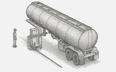 Illustration of a tanker trailer on a wheeled AGV beside a worker for polishing