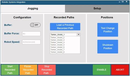 机器人控制软件截图，包含 Jogging 和 Setup 选项卡、记录路径和位置按钮